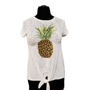 NEW Pineapple Graphic Tie Front Semi Sheer Short Sleeve T Shirt Top Small